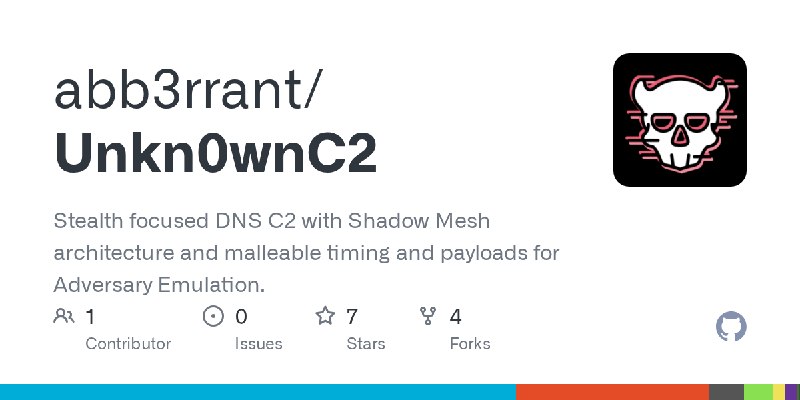 GitHub - abb3rrant/Unkn0wnC2: Stealth focused DNS C2 with Shadow Mesh architecture and malleable timing and payloads for Adversary…