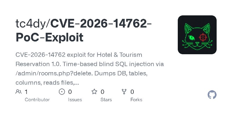 GitHub - tc4dy/CVE-2026-14762-PoC-Exploit: CVE-2026-14762 exploit for Hotel & Tourism Reservation 1.0. Time-based blind SQL injection…