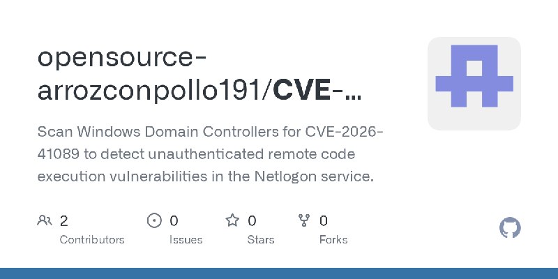 GitHub - opensource-arrozconpollo191/CVE-2026-41089-Netlogon-RCE: Scan Windows Domain Controllers for CVE-2026-41089 to detect…