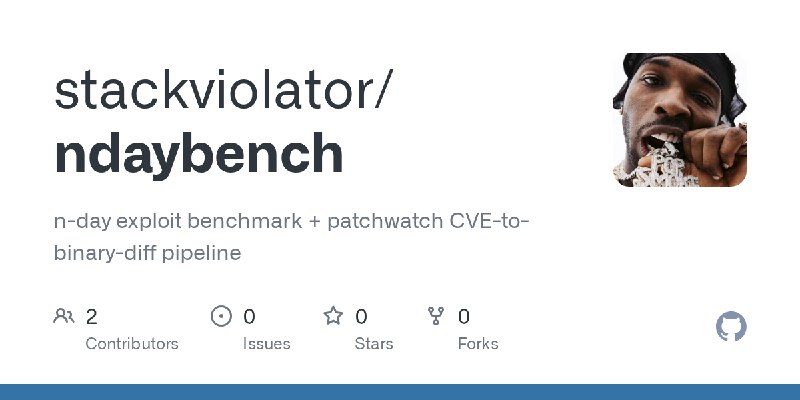 GitHub - stackviolator/ndaybench: n-day exploit benchmark + patchwatch CVE-to-binary-diff pipeline