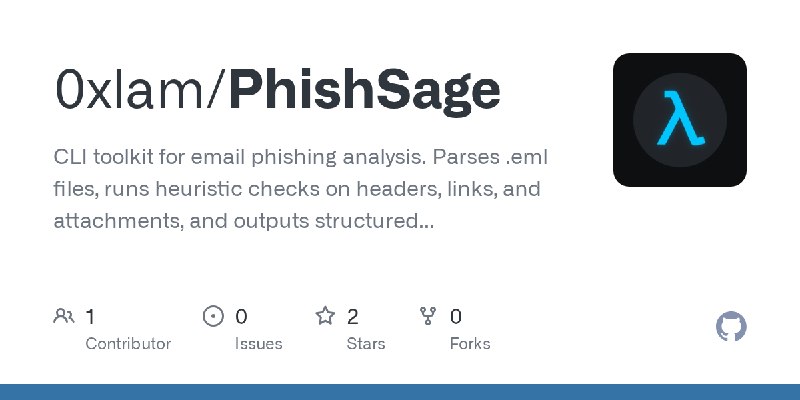 GitHub - 0xlam/PhishSage: CLI toolkit for email phishing analysis. Parses .eml files, runs heuristic checks on headers, links,…