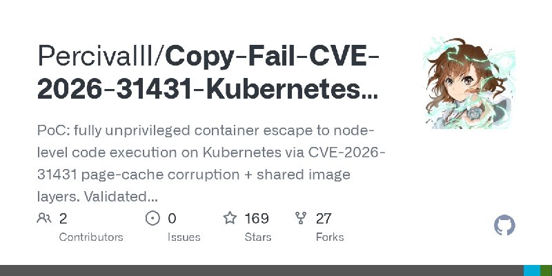 GitHub - Percivalll/Copy-Fail-CVE-2026-31431-Kubernetes-PoC: PoC: fully unprivileged container escape to node-level code execution…