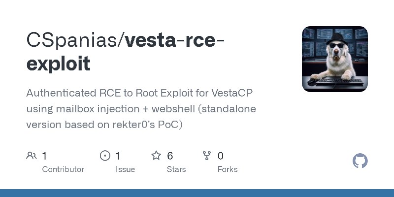 GitHub - CSpanias/vesta-rce-exploit: Authenticated RCE to Root Exploit for VestaCP using mailbox injection + webshell (standalone…