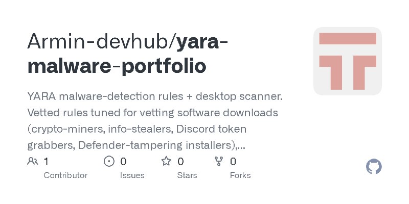 GitHub - Armin-devhub/yara-malware-portfolio: YARA malware-detection rules + desktop scanner. Vetted rules tuned for vetting software…