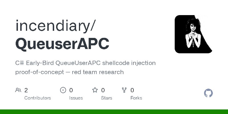 GitHub - incendiary/QueuserAPC: C# Early-Bird QueueUserAPC shellcode injection proof-of-concept — red team research