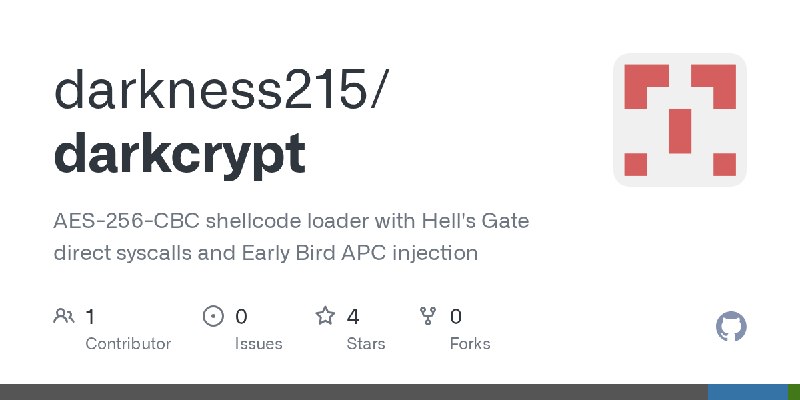 GitHub - darkness215/darkcrypt: AES-256-CBC shellcode loader with Hell's Gate direct syscalls and Early Bird APC injection