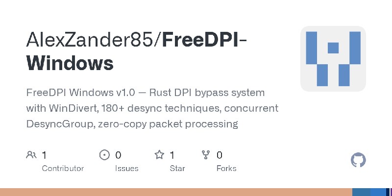 GitHub - AlexZander85/FreeDPI-Windows: FreeDPI Windows v1.0 — Rust DPI bypass system with WinDivert, 180+ desync techniques, concurrent…