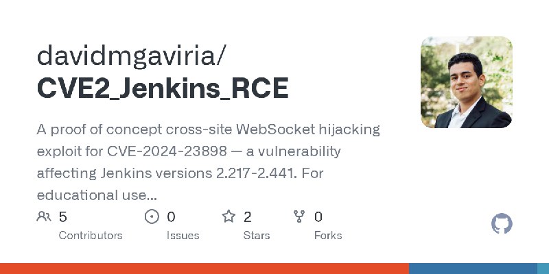 GitHub - davidmgaviria/CVE2_Jenkins_RCE: A proof of concept cross-site WebSocket hijacking exploit for CVE-2024-23898 — a vulnerability…