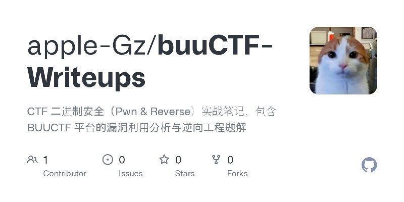 GitHub - apple-Gz/buuCTF-Writeups: CTF 二进制安全（Pwn & Reverse）实战笔记，包含 BUUCTF 平台的漏洞利用分析与逆向工程题解