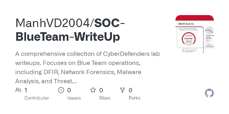 GitHub - ManhVD2004/SOC-BlueTeam-WriteUp: A comprehensive collection of CyberDefenders lab writeups. Focuses on Blue Team operations…