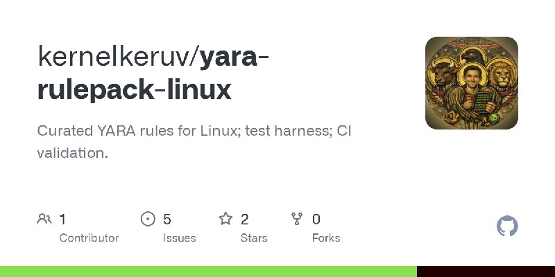 GitHub - kernelkeruv/yara-rulepack-linux: Curated YARA rules for Linux; test harness; CI validation.