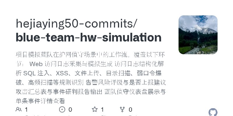 GitHub - hejiaying50-commits/blue-team-hw-simulation: 项目模拟蓝队在护网值守场景中的工作流，覆盖以下环节： Web 访问日志采集与模拟生成 访问日志结构化解析 SQL 注入、XSS、文件上传、目录扫…