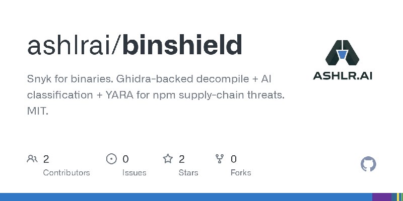GitHub - ashlrai/binshield: Snyk for binaries. Ghidra-backed decompile + AI classification + YARA for npm supply-chain threats.…