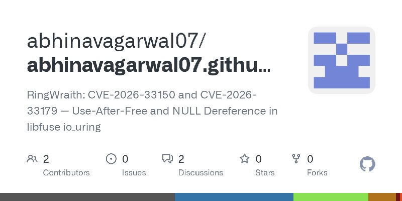 GitHub - abhinavagarwal07/abhinavagarwal07.github.io: RingWraith: CVE-2026-33150 and CVE-2026-33179 — Use-After-Free and NULL Dereference…
