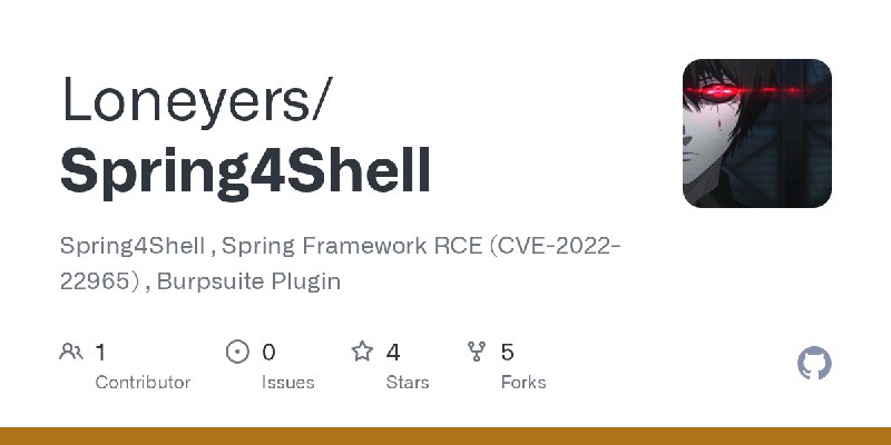 GitHub - Loneyers/Spring4Shell: Spring4Shell , Spring Framework RCE (CVE-2022-22965) , Burpsuite Plugin